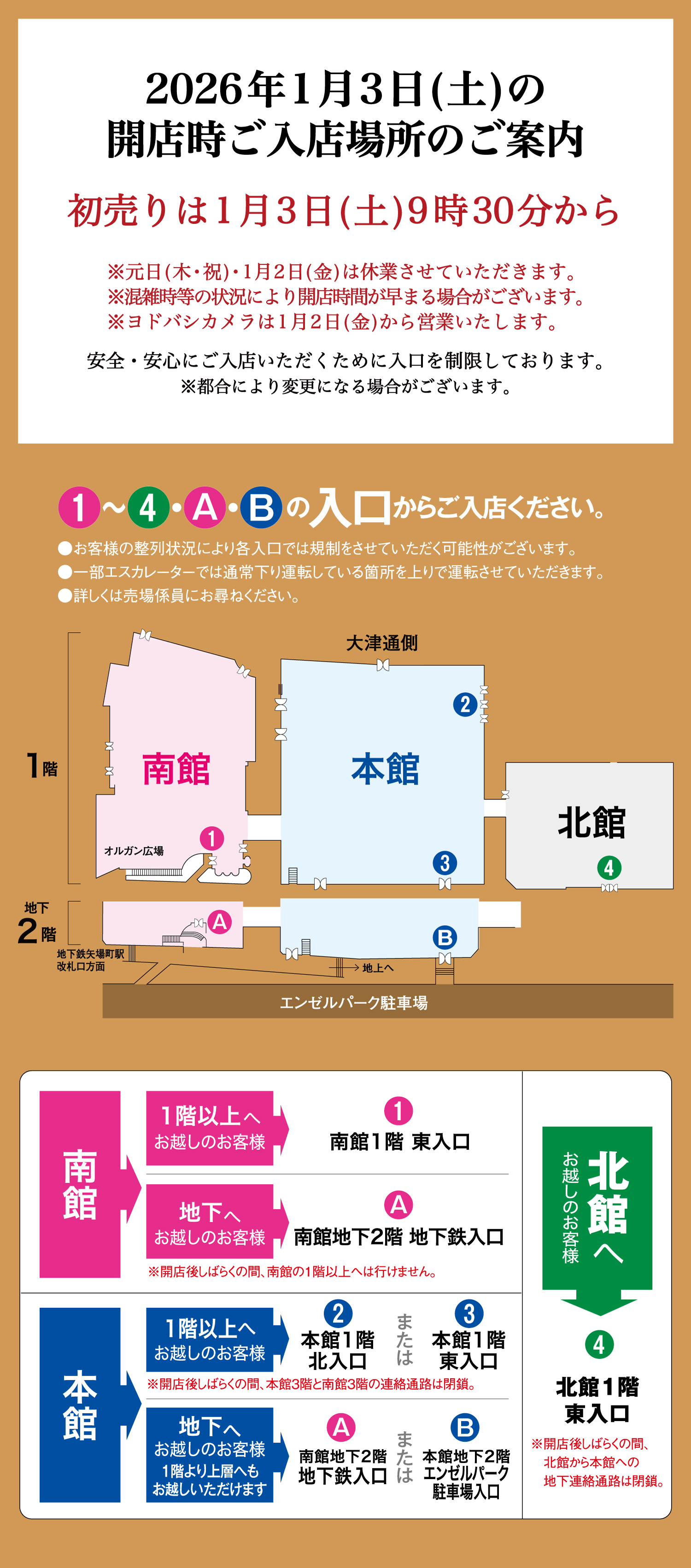 2026年1月3日(土)の開店時ご入店場所のご案内